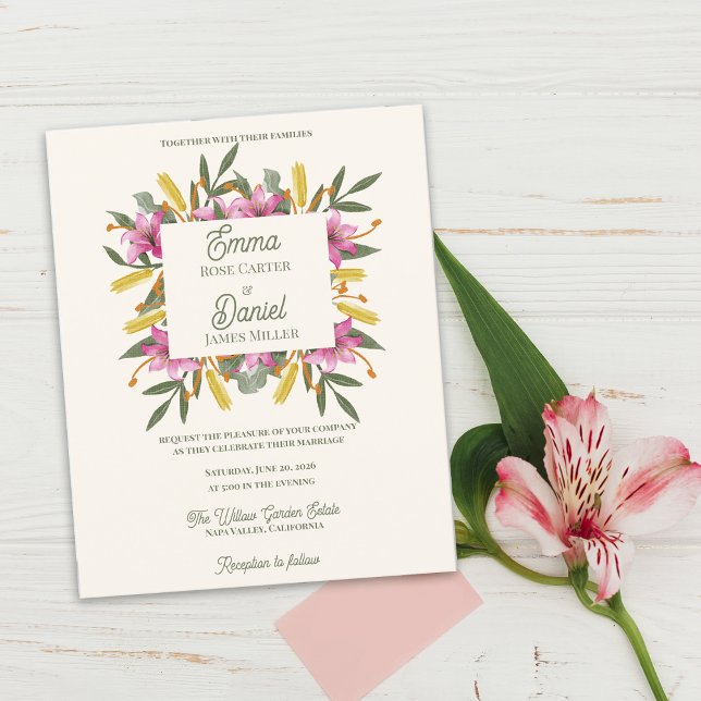 Romantische rosafarbene Lilien-Blumen-Hochzeitsein (Blush Pink Lily Botanical Wedding Invitation Flat Card | Romantic Watercolor Floral Garden Wedding )