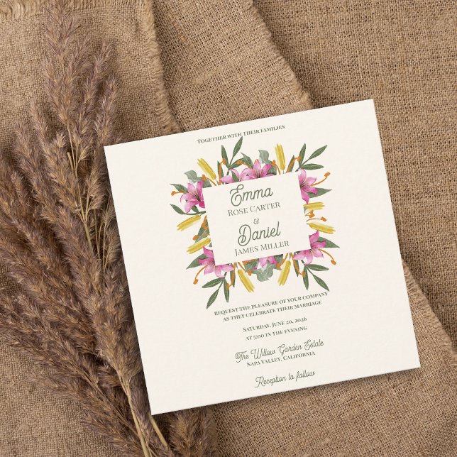 Romantische rosafarbene Lilien-Blumen-Hochzeitsein (Blush Pink Lily Botanical Wedding Invitation | Romantic Watercolor Floral Garden Wedding Invitation)