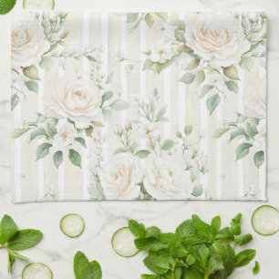 Romantische rosafarbene weiße Rosen Blumenstreifen Geschirrtuch