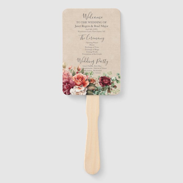 Romantische Rose Bloral Eukalyptus Wedding Program Fächer (Vorderseite)