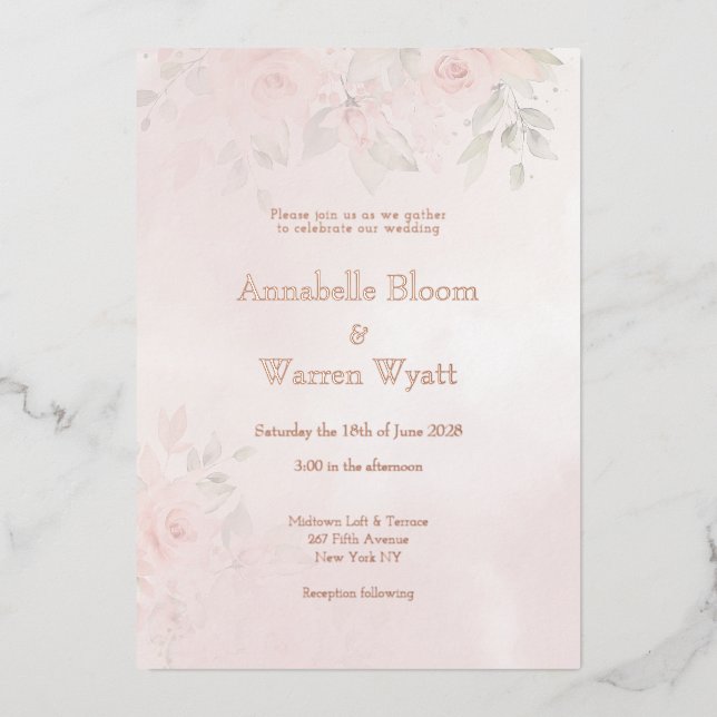 Romantische Rose Blush Garden 2 mit Rose Gold Folieneinladung (Vorderseite)