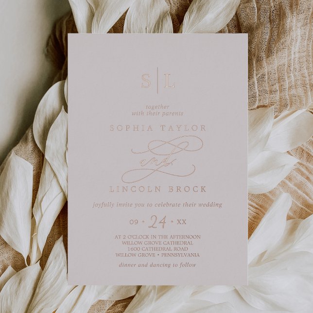 Romantische Rose | Blush Monogram Wedding Folieneinladung (Von Creator hochgeladen)