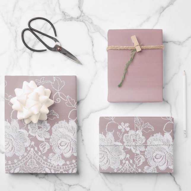 Romantische Rose Blush Pink White Lace Floral Wedd Geschenkpapier Set (Vorderseite)