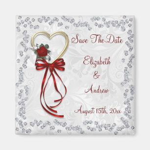Romantische Rose, Diamanten und rotes Band Save Th Magnet