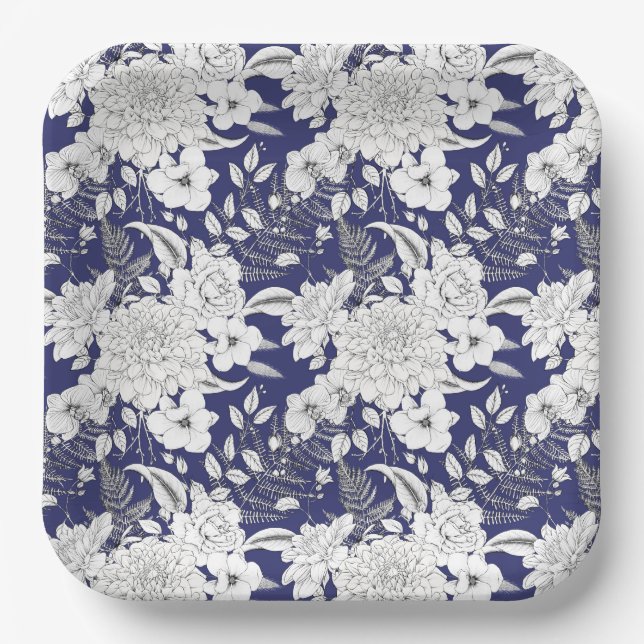 Romantische Rose-Ekalyptuslinie zeichnend lila Pappteller (Vorderseite)