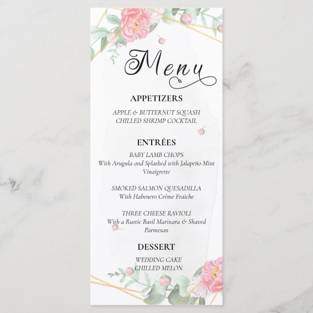 Romantische Rose Geometric Wedding Menükarte (Vorderseite)