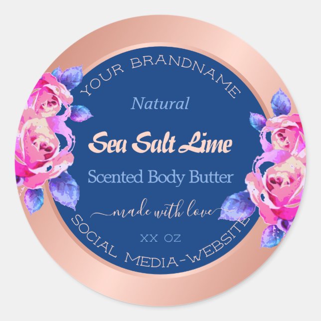 Romantische Rose Gold Blue Packaging Labels Runder Aufkleber (Vorderseite)