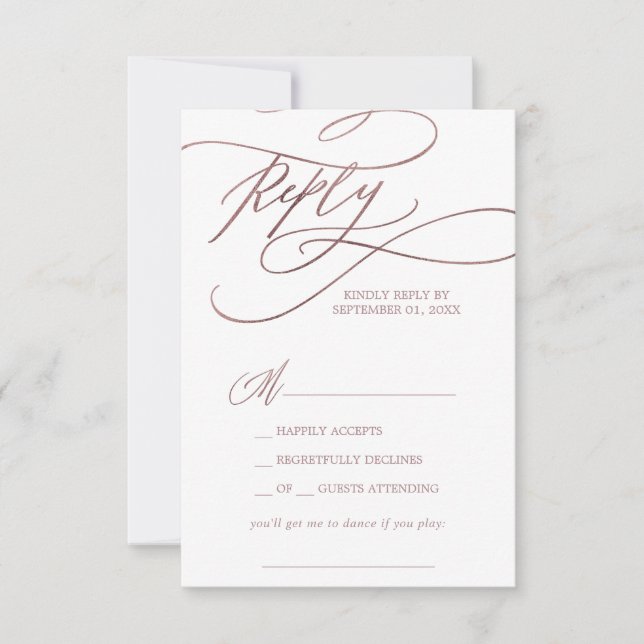 Romantische Rose Gold Calligraphy Song Request UAW RSVP Karte (Vorderseite)