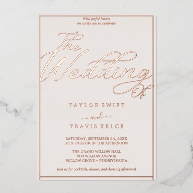 Romantische Rose Gold Foil & Blush Rahmen Hochzeit Folieneinladung (Vorderseite)