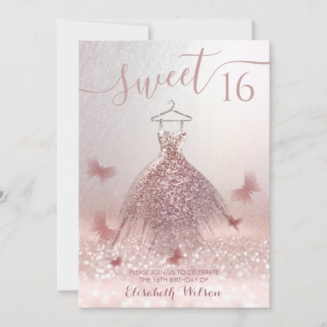 Romantische Rose Gold glänzende Kleidung Schmetter Einladung (Vorderseite)