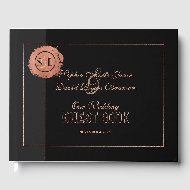 Romantische Rose Gold Glitzer Monogram Wedding Gästebuch (Vorderseite)