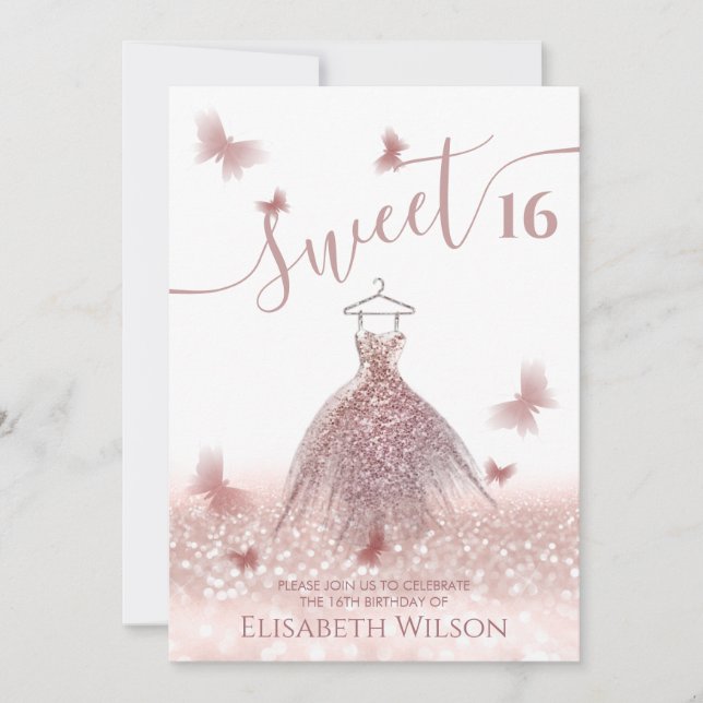 Romantische Rose Gold Glitzer Ober Kleidung Schmet Einladung (Vorderseite)