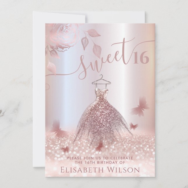 Romantische Rose Gold Glitzer Ober Kleidung Schmet Einladung (Vorderseite)