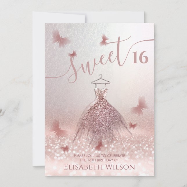 Romantische Rose Gold Glitzer Ober Kleidung Schmet Einladung (Vorderseite)