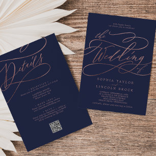 Romantische Rose Gold Navy in einem QR Code Hochze Einladung