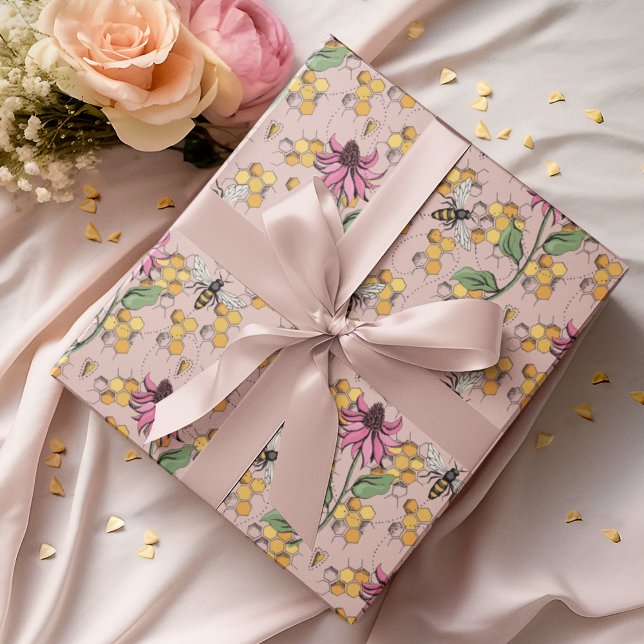 Romantische Rose Gold Queen Bee, Honeycomb & Blume Geschenkpapier (Elegant Hand-Drawn Buzzing Queen Bee, Honeycomb & Pink Exotic Flower Gift Wrap for Nature Lovers.)