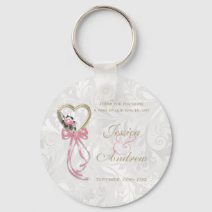 Romantische Rose, goldenes Herz & rosa Band Schlüsselanhänger