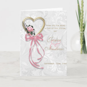 Romantische Rose, goldenes Herz und rosa Band Dankeskarte
