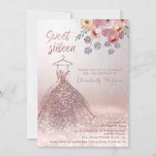 Romantische Rose goldfarbenes Kleid florale Einlad Einladung