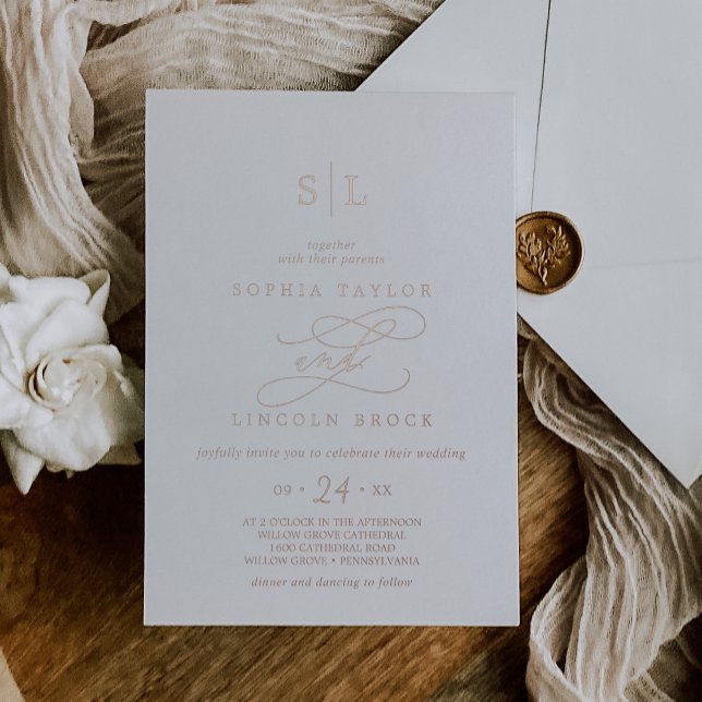 Romantische Rose Goldfoil Monogram Hochzeit Folieneinladung (Romantic Rose Gold Foil Monogram Wedding Foil Invitation)