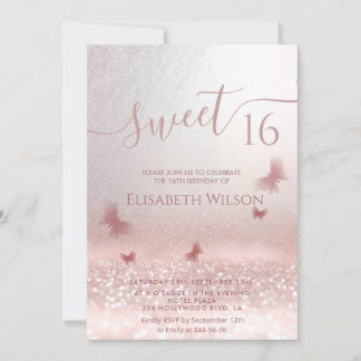 Romantische Rose Goldglitterie Ober-Schmetterling- Einladung