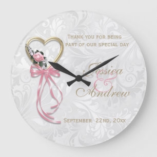 Romantische Rose, Goldherz u. rosa Band Große Wanduhr