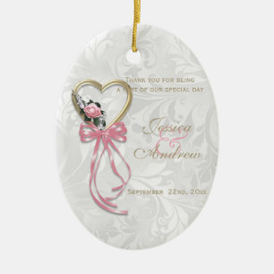 Romantische Rose, Goldherz u. rosa Band Keramikornament