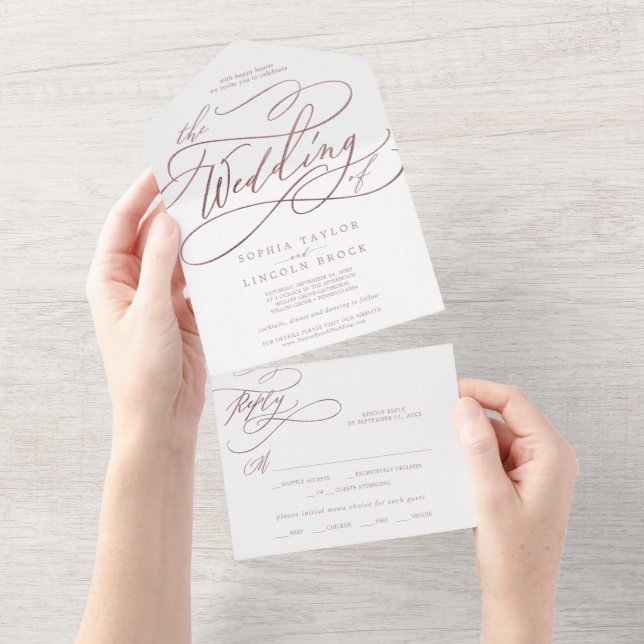 Romantische Rose Goldkalligrafie: Hochzeit von All In One Einladung (Abreißen)
