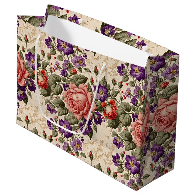 Romantische Rose Peach und Coral Große Geschenktüte (Vorderseite Schrägansicht)