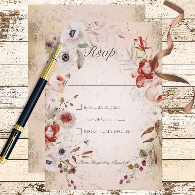 Romantische Rose Pink Gold Floral Response Card RSVP Karte (Von Creator hochgeladen)