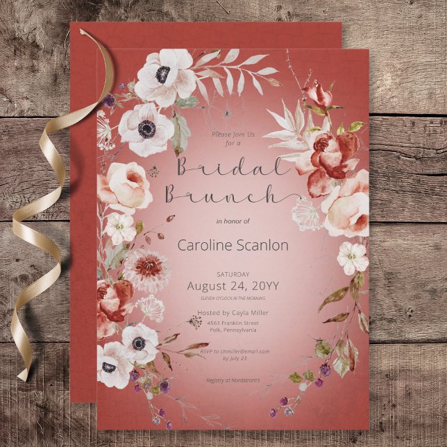 Romantische Rose Red Floral Bridal Brunch Einladung (Romantic Rose Red Floral Bridal Brunch Invitation)