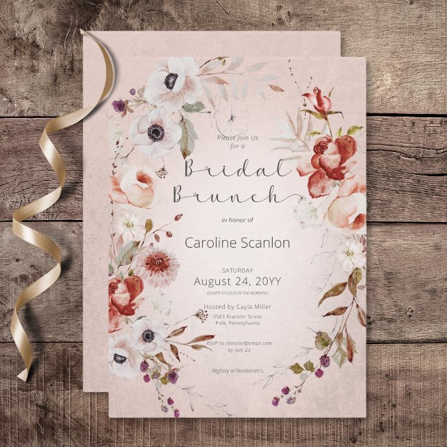 Romantische Rose Rosa Blumenbrunch Einladung (Romantic Rose Pink Floral Bridal Brunch Invitation)