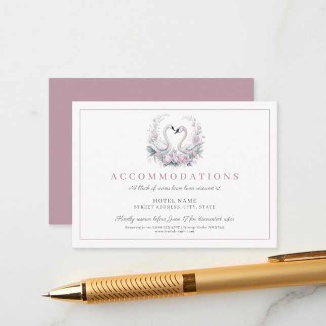 Romantische Rose Swan Couple Wedding Begleitkarte (Vorderseite/Rückseite Beispiel)