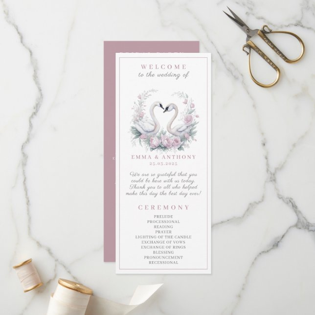 Romantische Rose Swan Couple Wedding Programm (Vorderseite/Rückseite Beispiel)