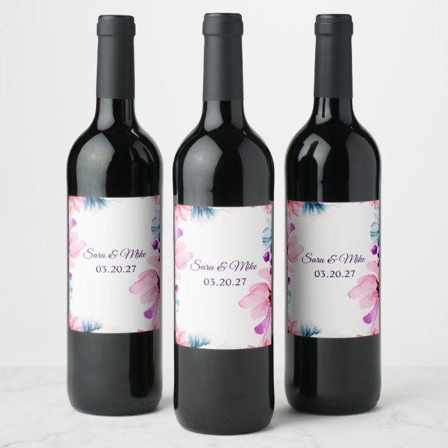 Romantische Rosé- und Blaue Floral-Hochzeitseinlad Weinetikett (Flaschen)