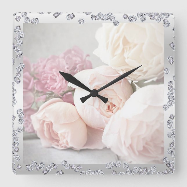 Romantische Rose und Diamanten Quadratische Wanduhr (Vorderseite)