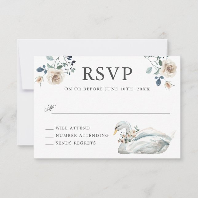 Romantische Rose und Swan Wedding RSVP (Vorderseite)