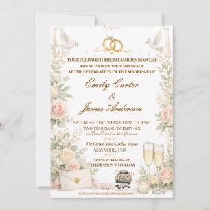 Romantische Rose- und Tauben-Hochzeitseinladung Einladung
