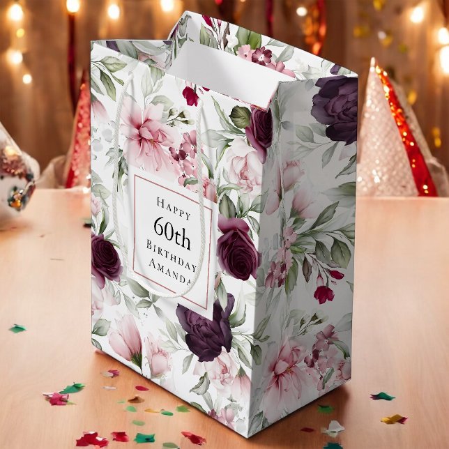 Romantische Rose Wasserfarben Botanischer 60. Gebu Mittlere Geschenktüte (Von Creator hochgeladen)