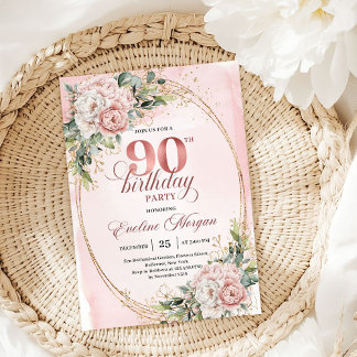 Romantische Roségold-Blumen-Grün 90. Geburtstag Einladung