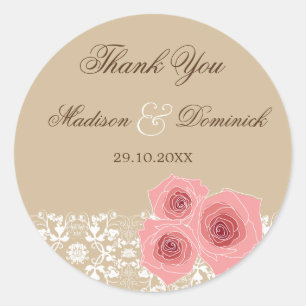 Romantische Rosen Damask Hochzeitskleber Runder Aufkleber