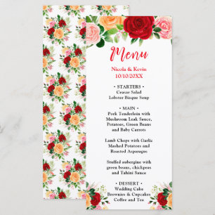 Romantische Rosen FloralRomantische rote und orang Menükarte