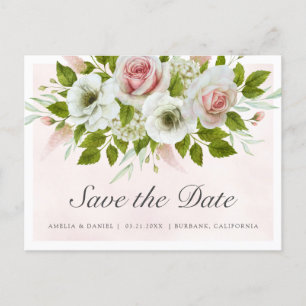 Romantische Rosen in Aquarellfarbe Save the Date Ankündigungspostkarte