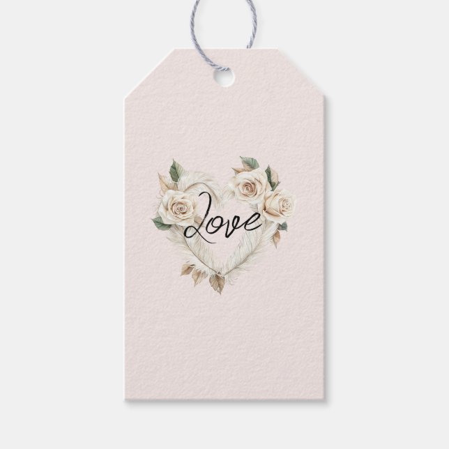 Romantische Rosen mit Federn Herz Hochzeit Geschenkanhänger (Vorderseite)