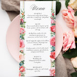 Romantische Rosen und Kalligraphie Menükarte<br><div class="desc">Schöne Säulen mit eleganten Aquarellfarben,  rosa Rosen und grünem Blattwerk auf einem subtilen pastellfarbenen Aquarell und mittelem Etikett mit goldenen Rahmen. Verfügt über "Menu"-Textgrafik im benutzerdefinierten Skript-Schriftart (oder löschen und anpassen im Designeditor) mit bearbeitbaren Textfeldern. Enthält Textfelder,  die bearbeitet werden können,  um ein komplettes Empfang-Dinner zu erhalten.</div>