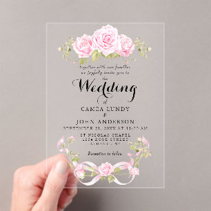 Romantische Rosenhochzeit mit rosafarbenem Band Acryleinladungen