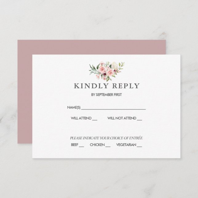 Romantische Roses Dusty Rose Wedding RSVP Einladung (Vorne/Hinten)