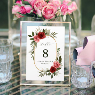 Romantische rote Aquarellrosen Weiße Hochzeit Tischnummer