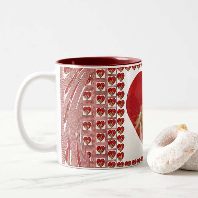 Romantische Rote Blume Herzdesign 4 Besondere Mome Zweifarbige Tasse (Mit Donut)