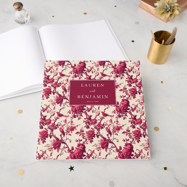 Romantische rote Blumen mit Vögeln Gästebuch (Vorderseite offen)